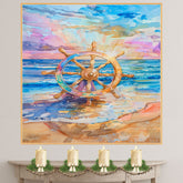 Watercolor Painting of Colorful Nautical Ship Wheel on Beach with Ocean Waves and Sunset Sky in Shades of Blue and Coral on Ready to Hang 1.5" Thick Canvas Wrap, Floating Framed Canvas, Flat Rolled Canvas